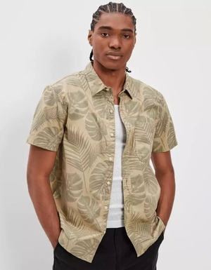 Hauts Flanelle American Eagle AE Tropical Button-Up Resort Shirt Kaki Homme | BDE-83102253